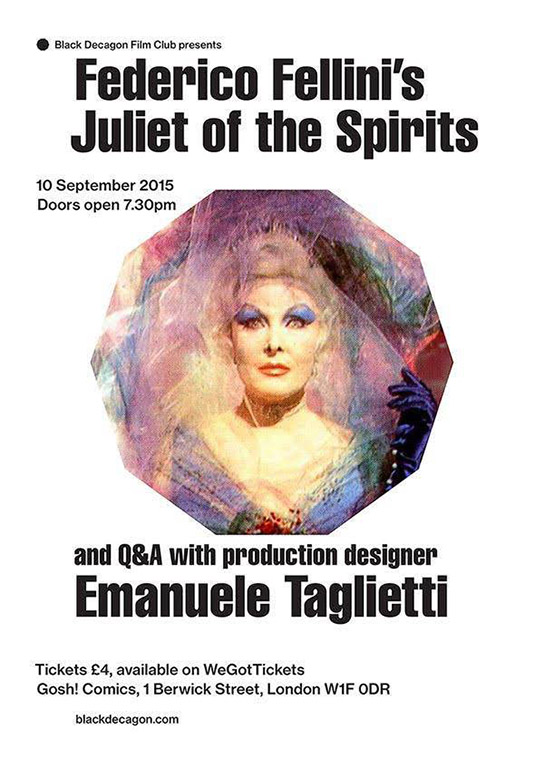 Film Poster for Federico’s Fellini’s Juliet of the Spirits and Q&A with production designer Emanuele Taglietti.