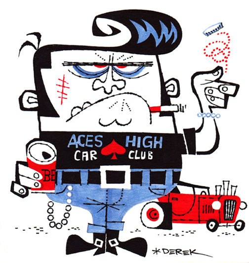 Derek Yaniger's "Aces High" artwork, a retro-style illustration rockabilly.