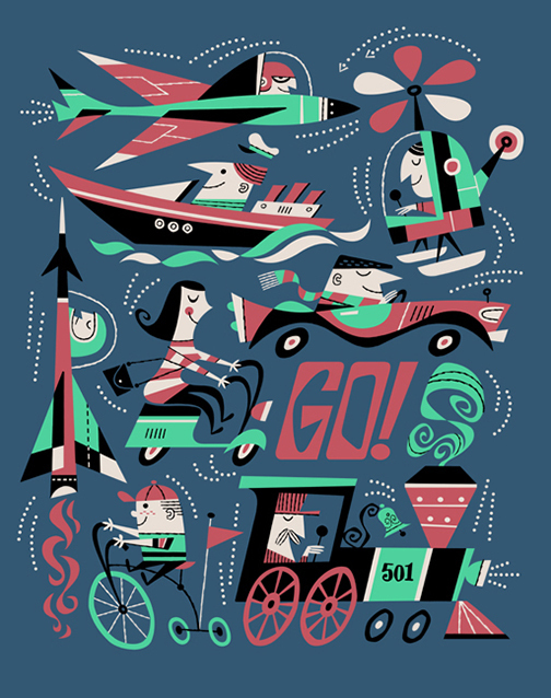 A vibrant retro travel-style poster by Derek Yaniger featuring the word "GO" in bold, mid-century modern typography