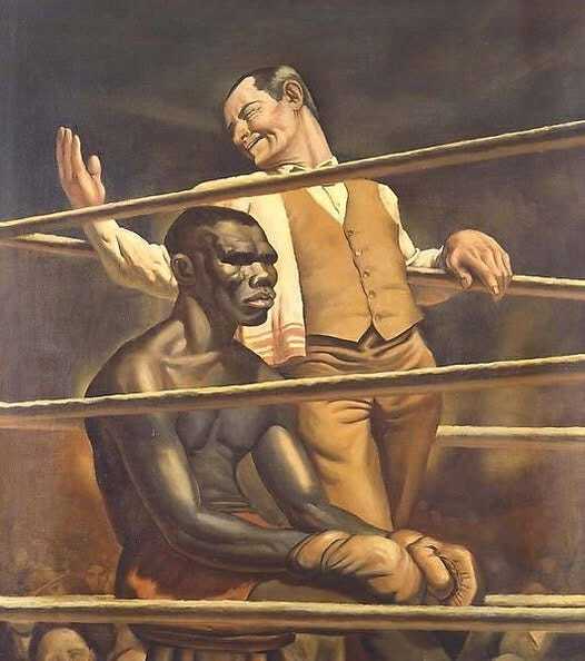 James Ormsbee Chapin's 1928 painting of a Black boxer sitting alone in the foreground with his gloves on his knees, staring blankly ahead, while his white manager leans against the ropes and gestures toward shadowy spectators in the background. This image inspired Joseph Moncure March's narrative poem The Set-Up.