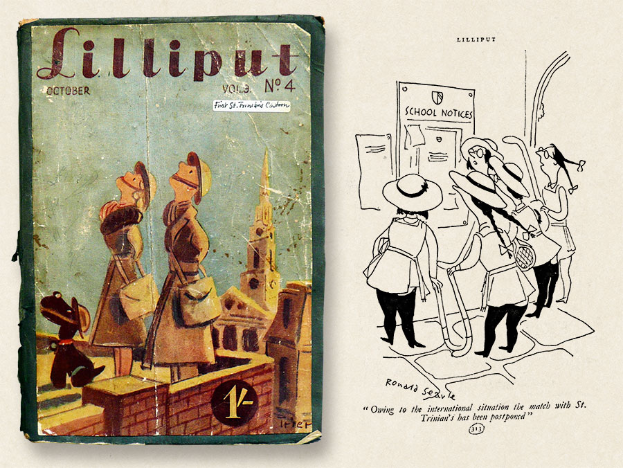 Lilliput, October 1941, volume 9, no 4, cover by Walter Trier, in which the first St Trinian’s cartoon appeared.