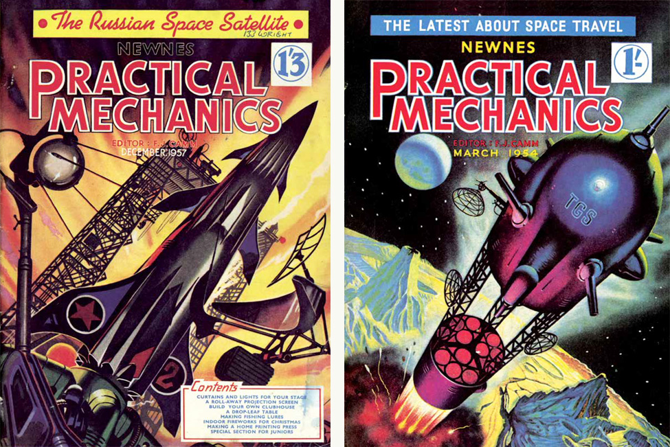 Practical Mechanics, George Newnes, Ltd., 1957 and Practical Mechanics, George Newnes, Ltd., 1954, art Ron Turner.