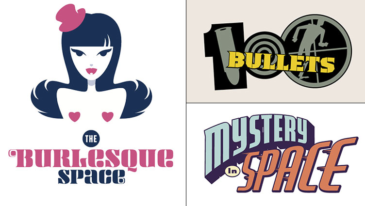 Rian Hughes logos for The Burlesque Space, 100 Bullets and Mystery in Space