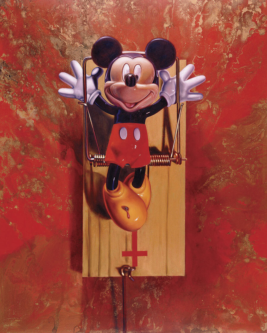Ron English's 'Mousetrap' (2000). An oil on canvas painting featuring a crucified Mickey Mouse figure on a mousetrap. 
