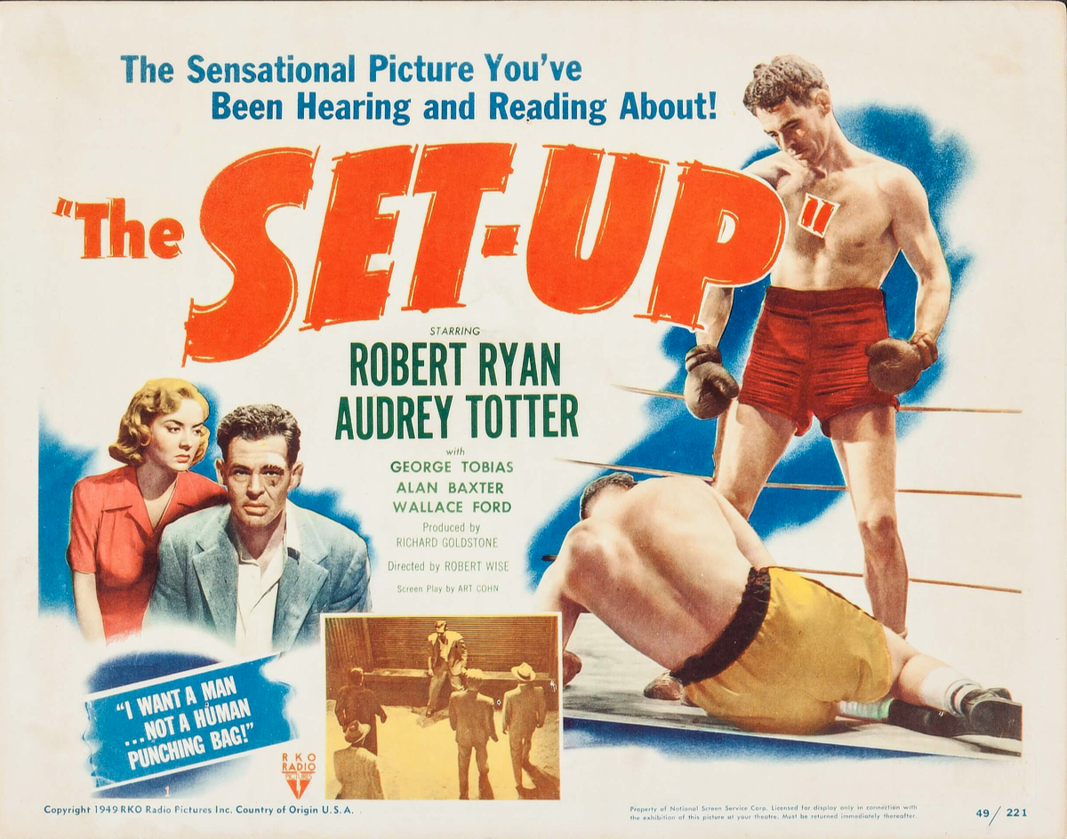 The Set-Up 1949 movie poster style lobby card featuring Robert Ryan as boxer Stoker Thompson and Audrey Totter in the classic film noir directed by Robert Wise.