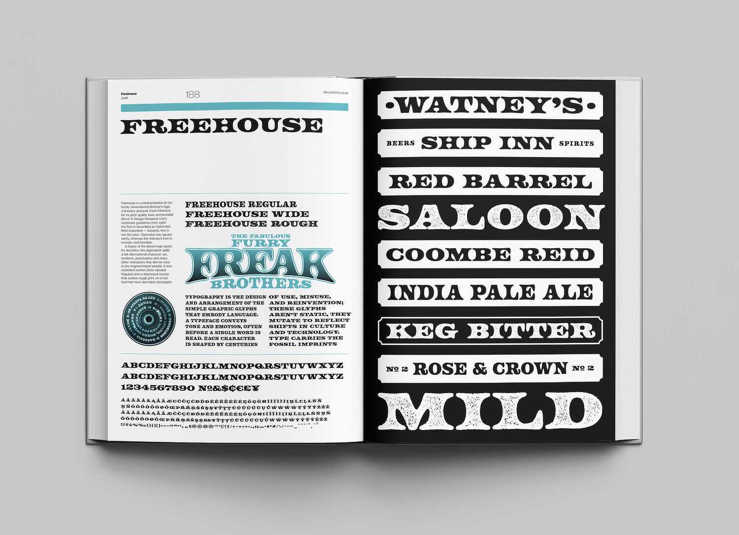 The Typeractive book lies open, flat on a surface, showing a detailed two-page spread of type specimens and design process work from Rian Hughes' Device Fonts archive (1995-2025).