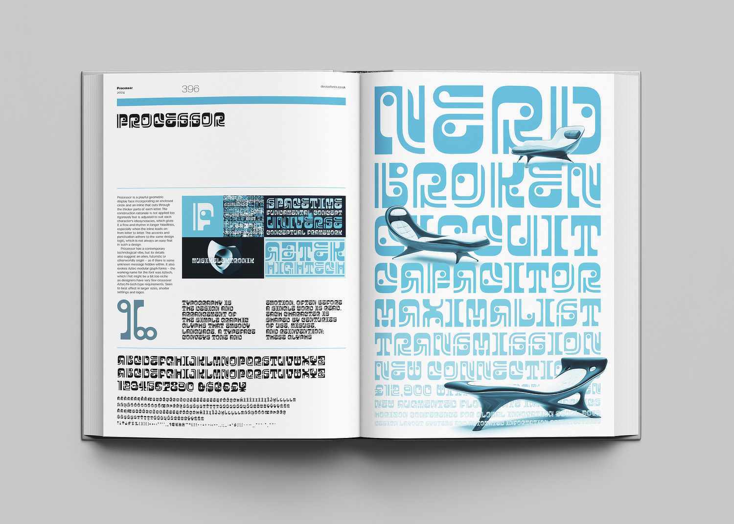 A new spread from the Typeractive book lies open, showcasing a different layout of type specimens, detailed glyphs, and design process work from Rian Hughes' Device Fonts archive (1995-2025).