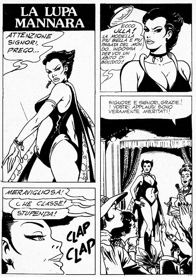 Ulla on Stage - Ulula the Werewolf Comic Page A vintage Italian fumetti comic page from "Ulula the Werewolf" (La Lupa Mannara) showing the character Ulla modelling on stage as a crowd applauds.