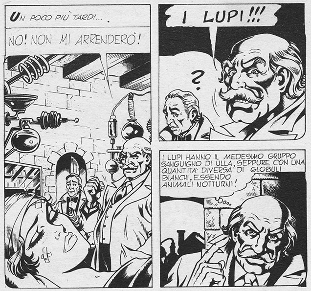 Wolf Blood Transfusion - Ulula Origin Comic Page Comic panel showing Count Wilfred von Hagen giving Ulla a life-saving blood transfusion using wolf blood, with pseudo-scientific dialogue about blood groups and white cells.